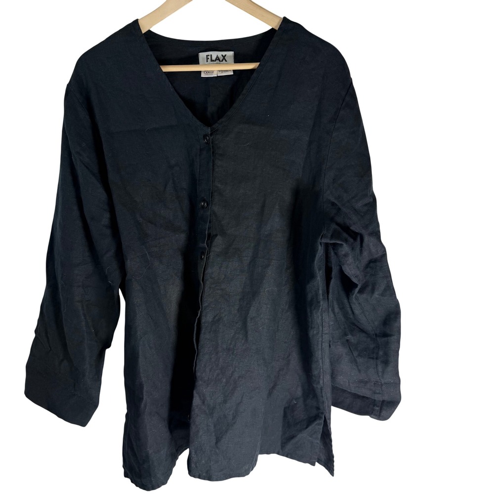 FLAX Black 100% Linen V-Neck Button Front Tunic Top Lagenlook Size Large